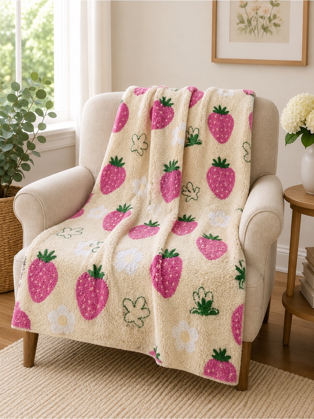 NWT Cozy Cream Sherpa Throw Blanket with Pink Strawberry Print